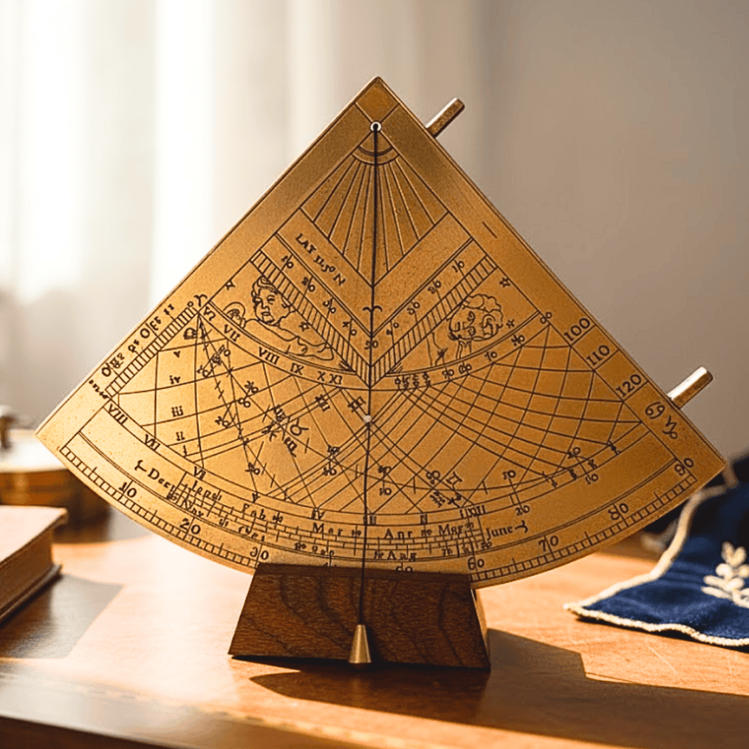 Gunter H39 sárgaréz napkvadráns fa talppal, gravírozással személyre szabható, ideális ajándék a csillagászat kedvelőinek, magasság 17 cm, elegáns ajándékcsomagolás