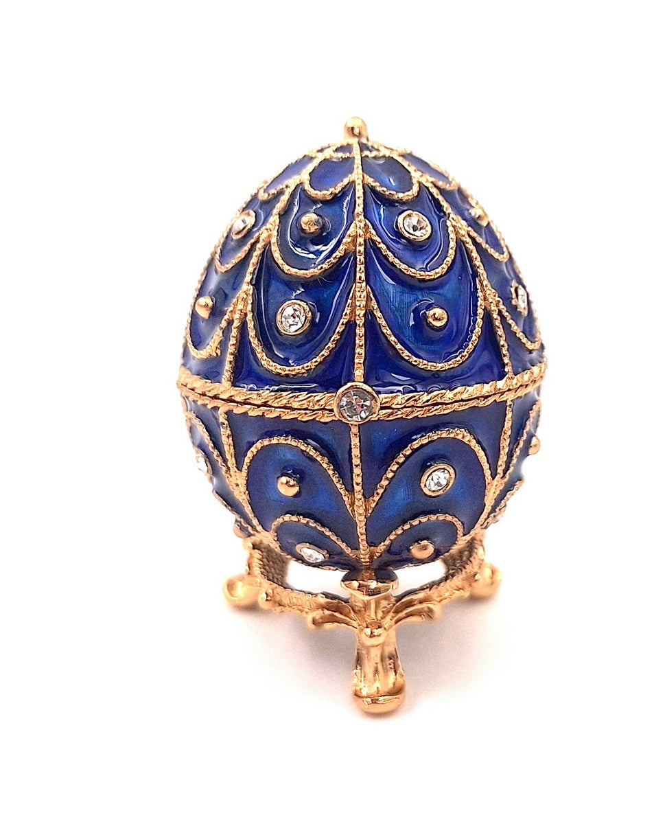 Exkluzív fém ékszerdoboz kristályokkal, Fabergé-tojás formában, sötétkék-arany, 5,5x6,5cm, gravírozással személyre szabható