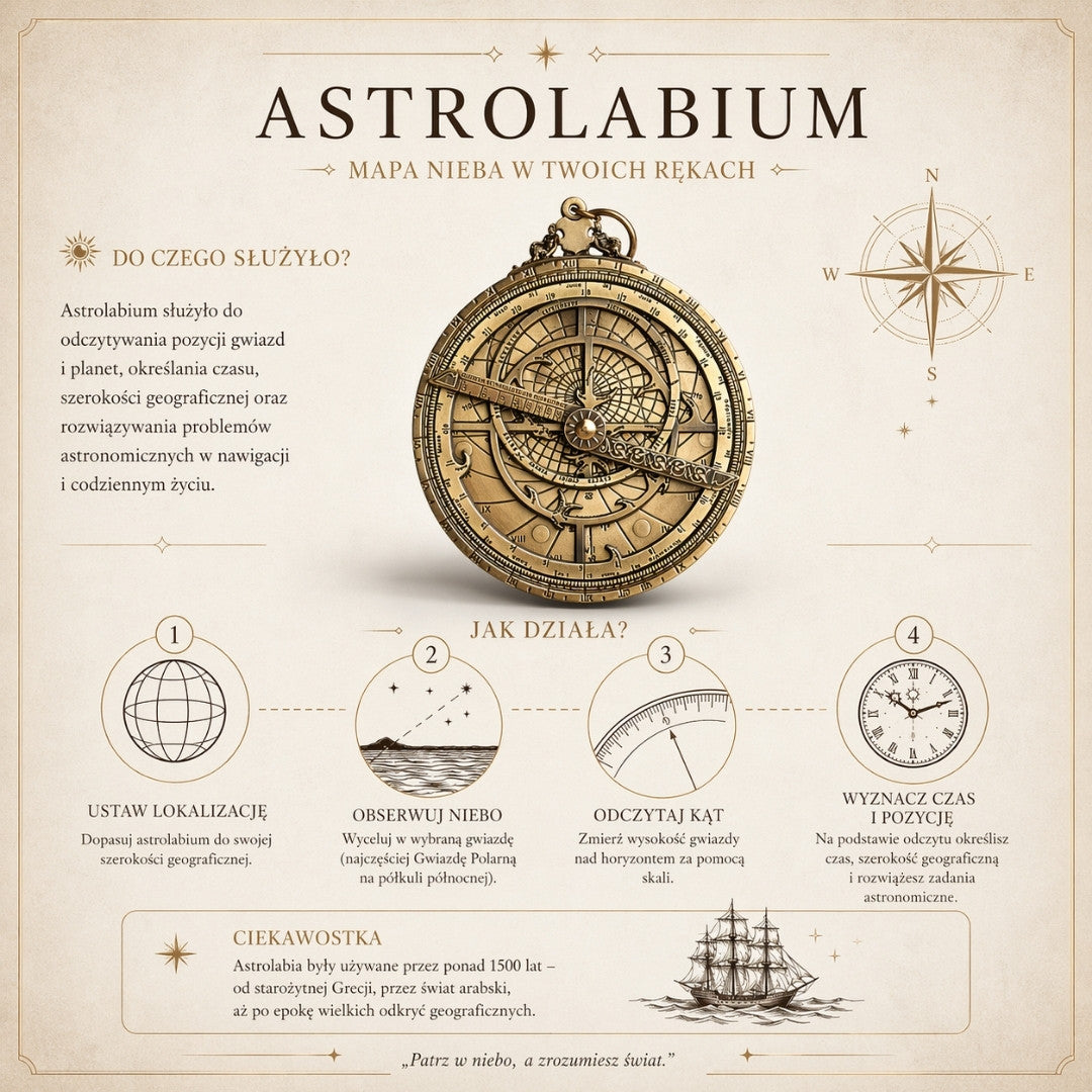 Astrolabium Europejskie H32 – Replika Renesansowa Premium z Możliwością Personalizacji Grawerem – Idealny Prezent z Eleganckim Drewnianym Postumentem – Wysokość 12 cm, Ręcznie Wykonane z Dbałością o Szczegóły