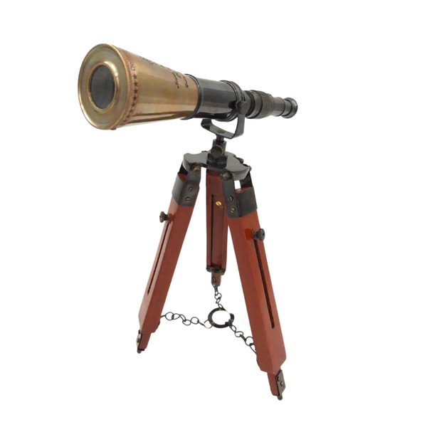 Sárgaréz távcső háromlábon, gravírozással személyre szabható - elegáns dekorációs elem ajándéknak, állítható magasság 30 cm-ig