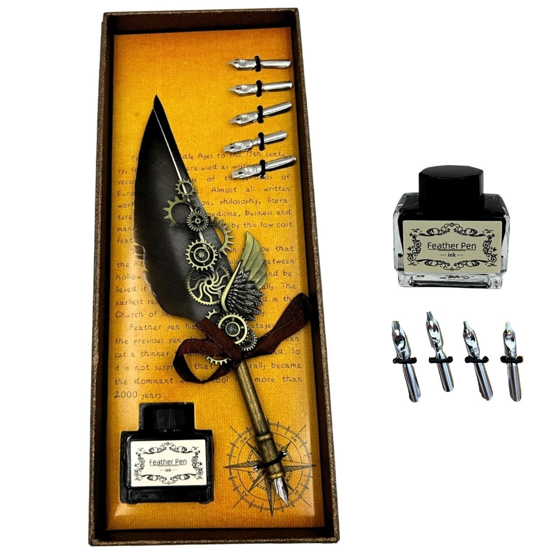 Elegancki Zestaw do Kaligrafii Retro z Piórem Gęsim Szarym, 6 Stalówek, Atramentem 15ml i Opcją Personalizacji Grawerem
