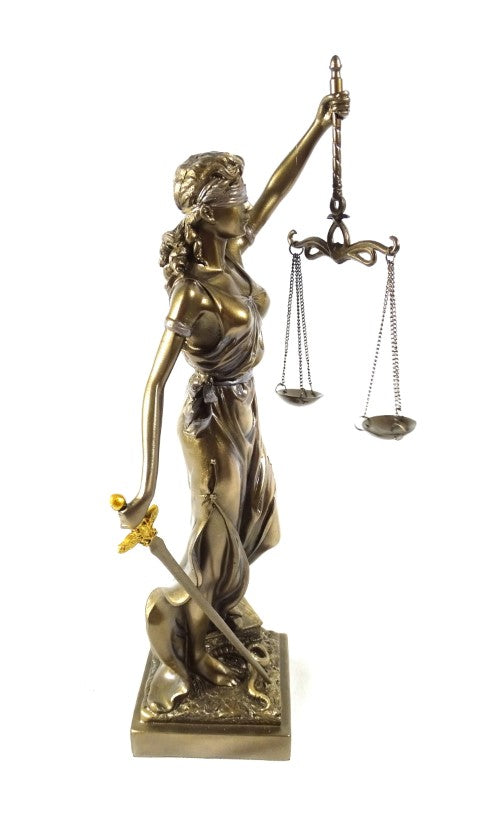 35 cm-es Themisz-figura személyre szabható gravírozási lehetőséggel - elegáns ajándék ügyvédnek, bírónak vagy jogtanácsosnak, arany színű, antikolt felületű polyresinből készült