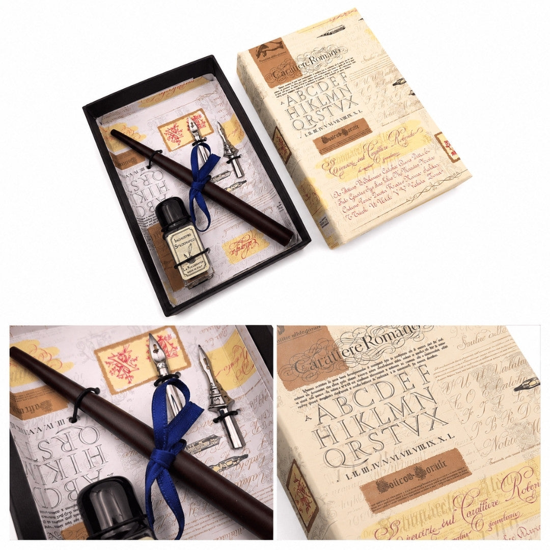 Kalligráfiai készlet személyre szabott gravírozással - olasz toll két tollheggyel és tintatartóval, ideális ajándéknak - elegáns csomagolás 12.5x8,5x3cm