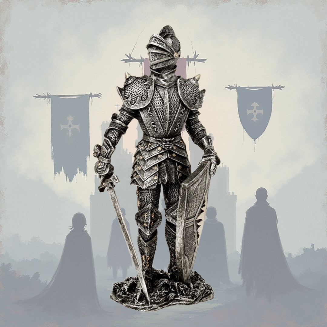 Figurka Dekoracyjna Rycerz w Srebrnej Zbroi 30 cm z Możliwością Personalizacji Grawerem - Elegancki Prezent dla Miłośników Historii i Fantasy, Ręcznie Malowana z Polyresinu