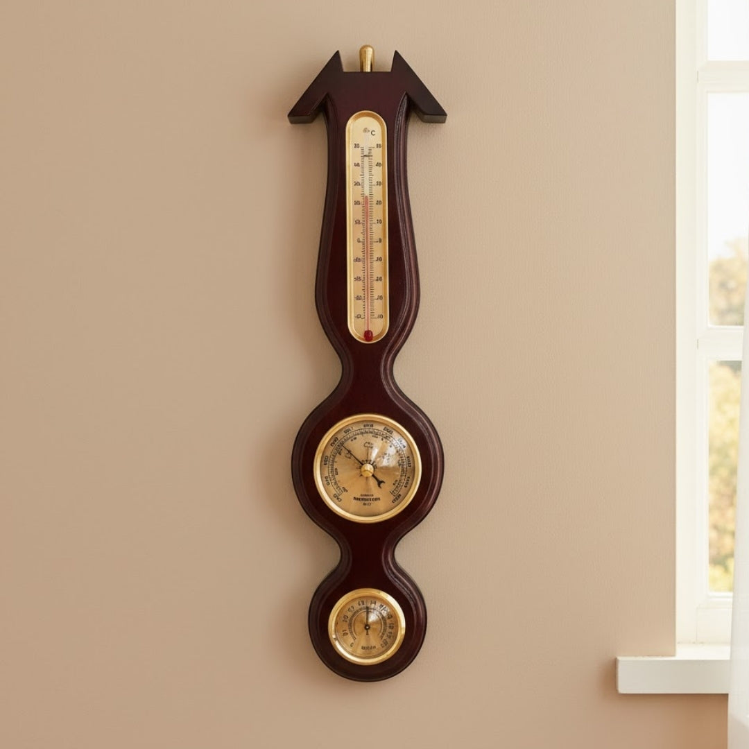 Elegáns 3 az 1-ben időjárás-állomás gravírozással – hőmérő, barométer, higrométer sötét fában, 40cm