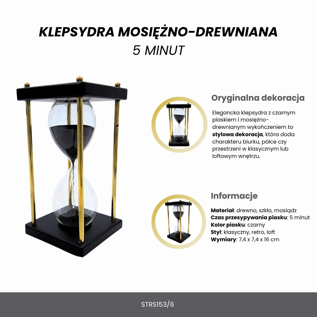 Sárgaréz-fa homokóra, 5 perces, fekete homokkal, gravírozással személyre szabható – elegáns retro dekoráció ajándékba, 16 cm magas