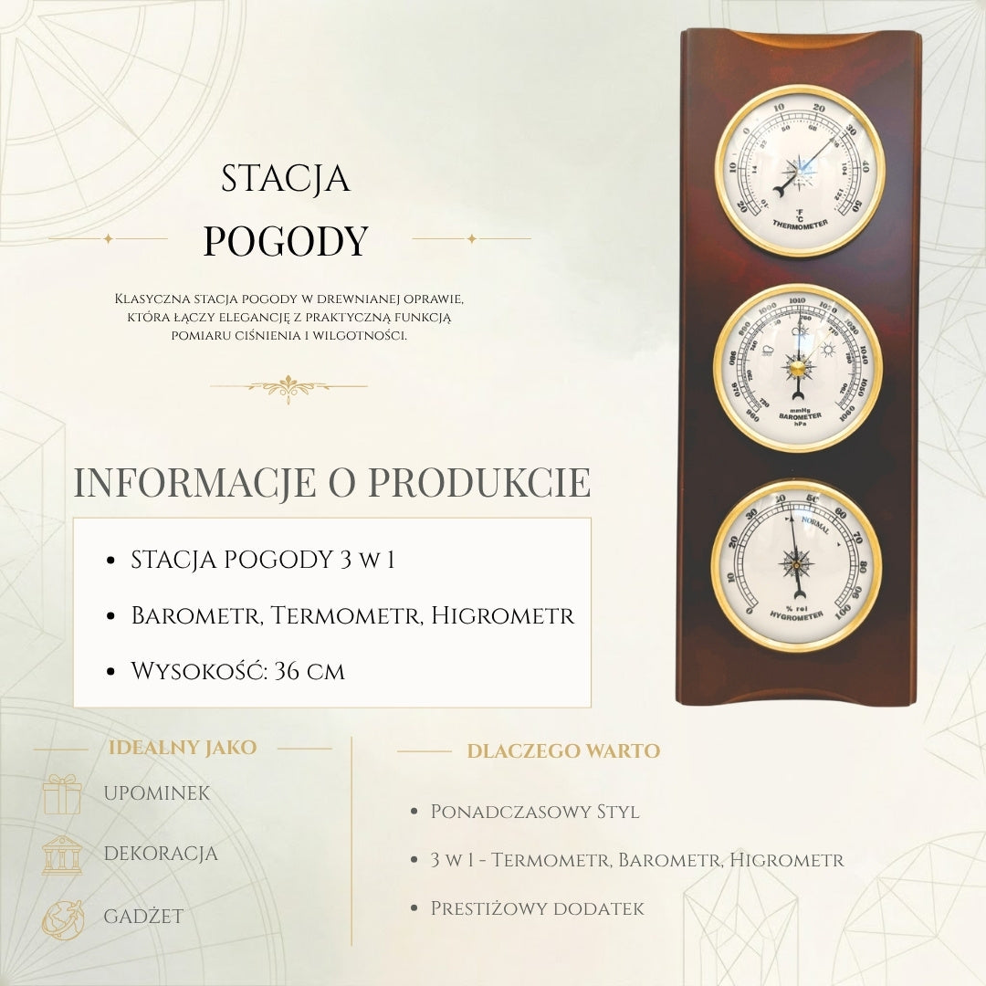 Elegáns retro időjárás-állomás 36cm gravírozással – barométer, hőmérő, higrométer fa burkolatban
