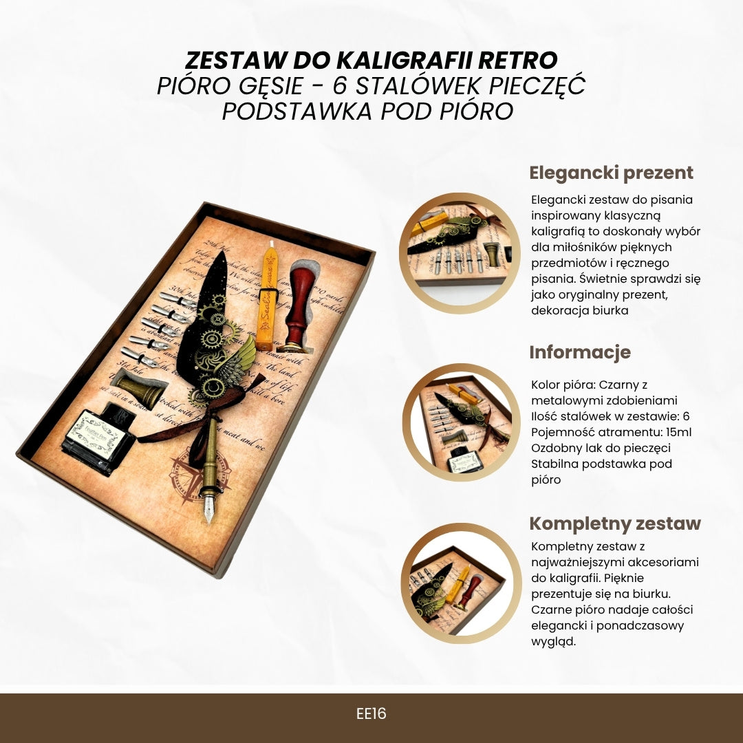 Prémium kalligráfiai készlet lúdtollal, 6 cserélhető tollheggyel, pecséttel és tartóval