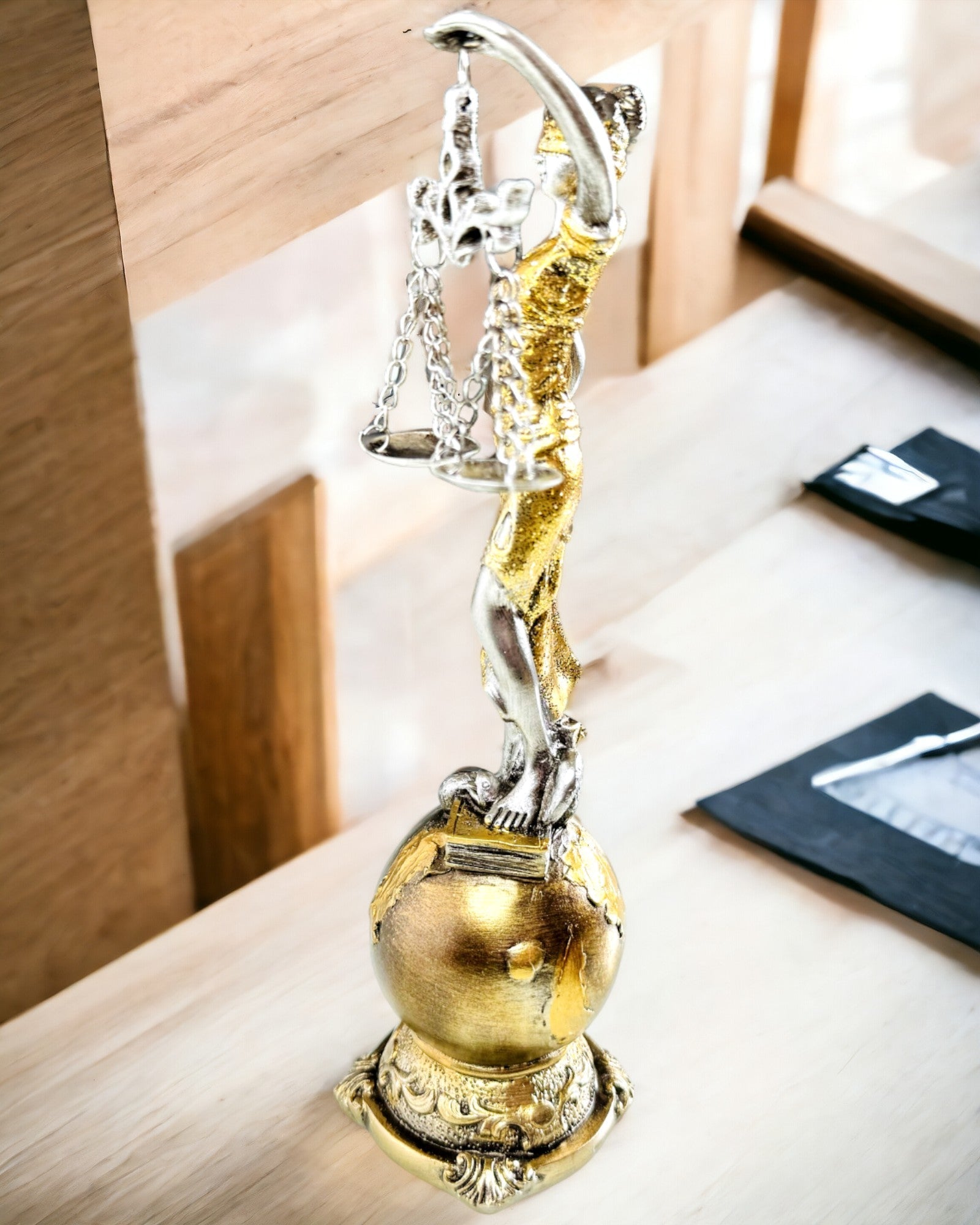 "Igazság Istennője Szobor – Művészi Dekoráció Polcra, Gyantából Készült Kézműves Termék, Személyre Szabható Gravírozással"