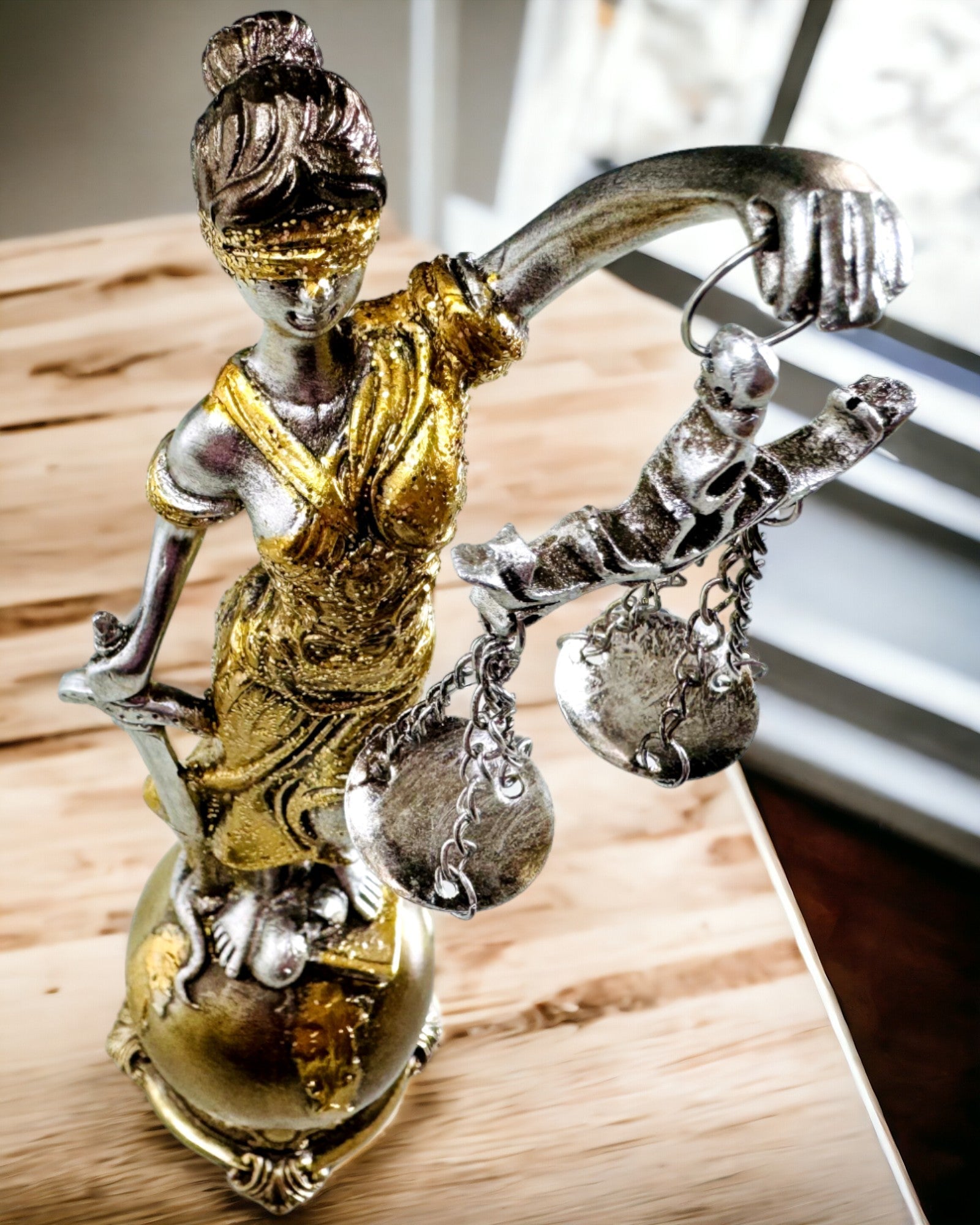 "Igazság Istennője Szobor – Művészi Dekoráció Polcra, Gyantából Készült Kézműves Termék, Személyre Szabható Gravírozással"