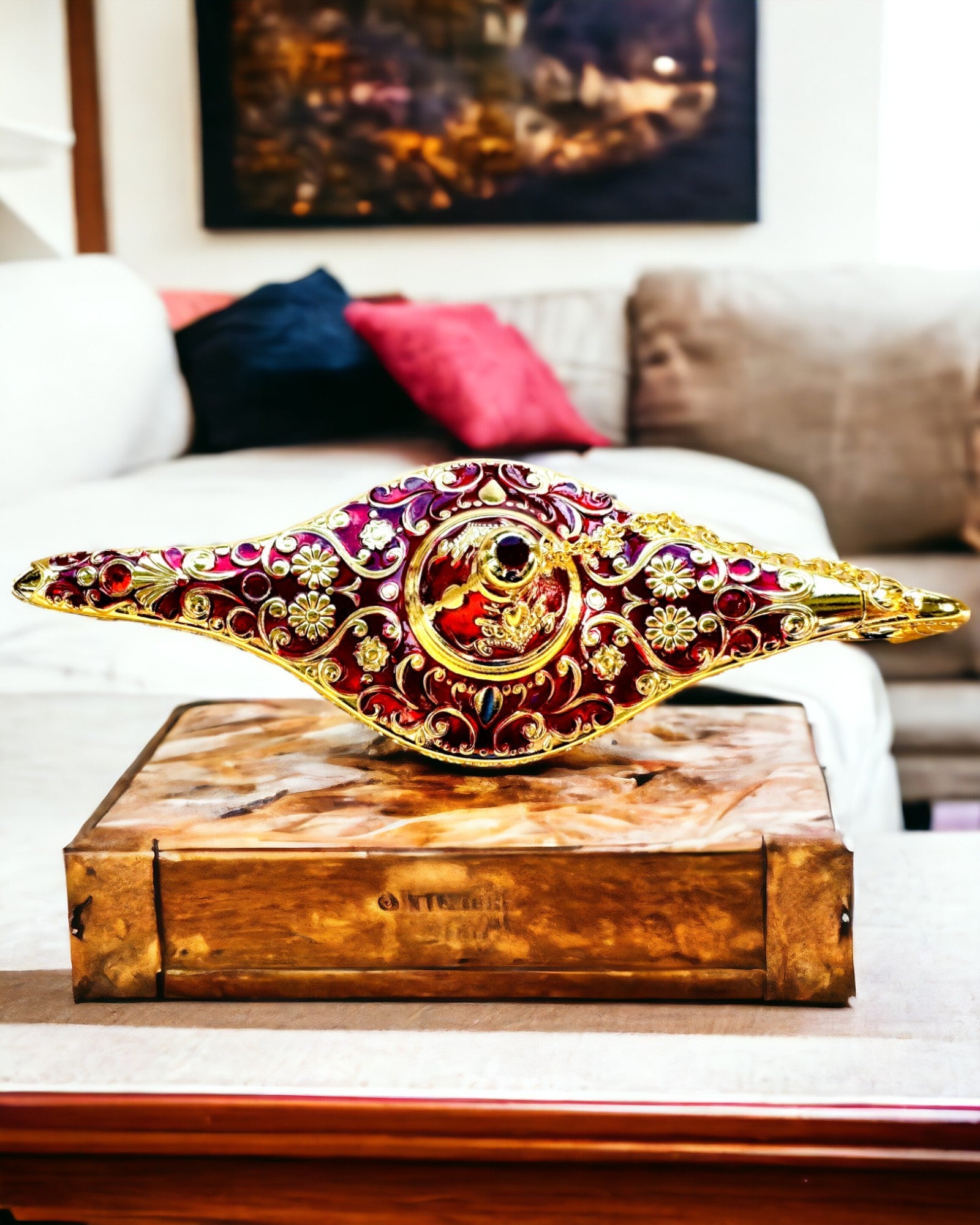 Aladdin Varázslámpája Gravírozási Opcióval - Bordó Arannyal Átszőtt Változat