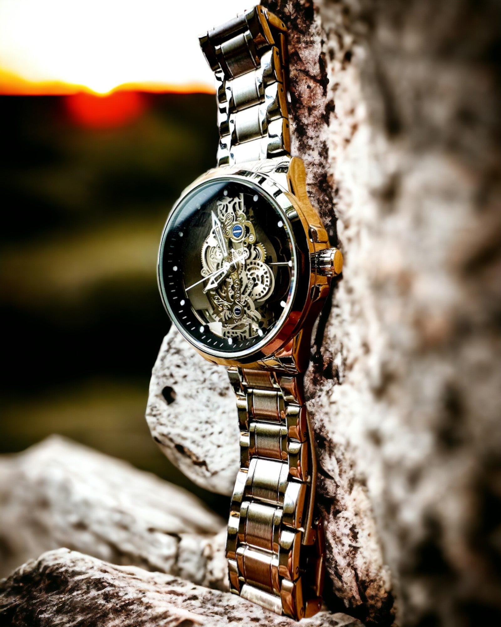 Elegáns férfi karóra KIMSDUN Prestige Átlátszó Mechanizmus és Sportos Elegancia, személyre szabható gravírozással