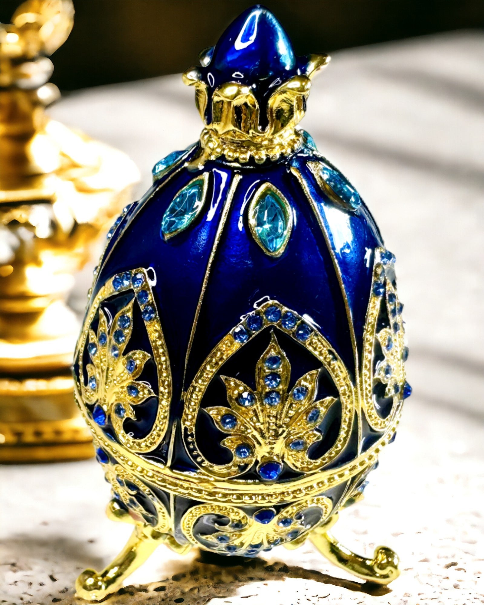 Exkluzív Fabergé Tojás - sötétkék színű – Dekoratív Zománc Ékszerdoboz