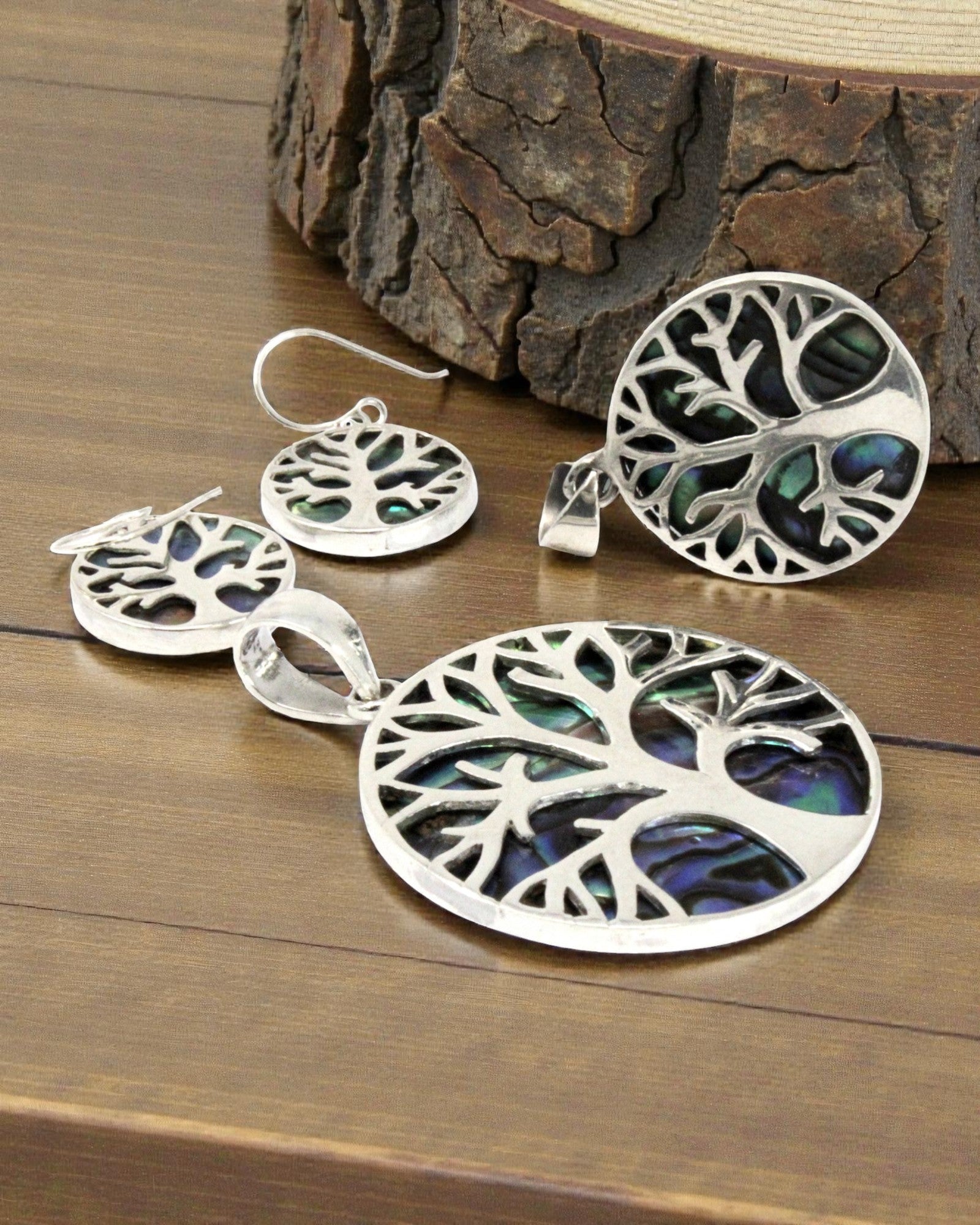 Ezüst Életfa medál 30 mm – Abalone Ocean Glow