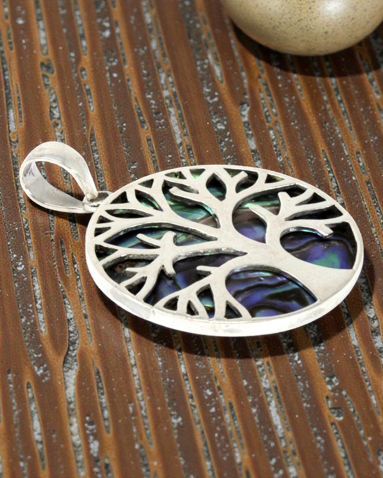 Ezüst Életfa medál 30 mm – Abalone Ocean Glow