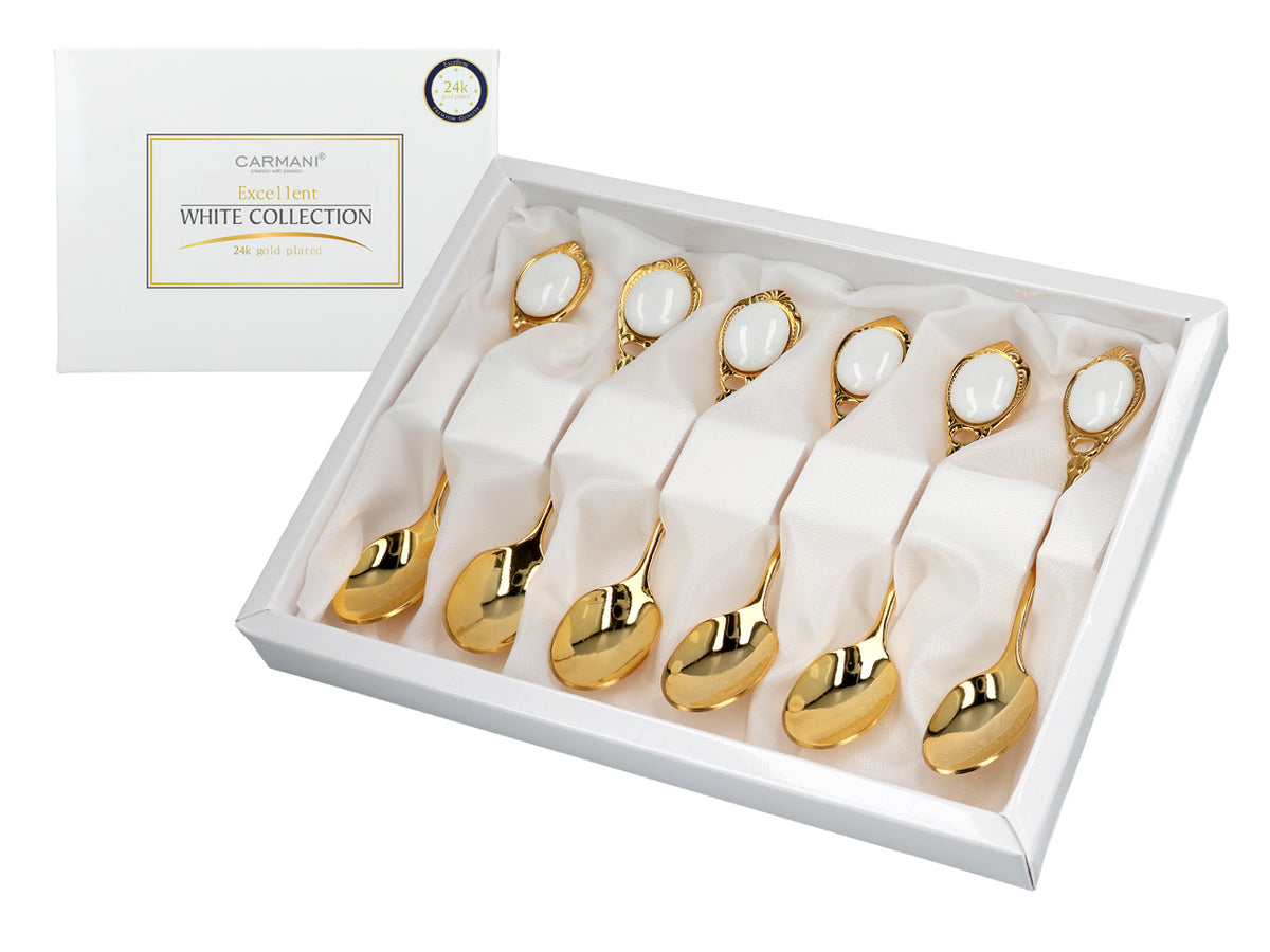Zestaw 6 łyżeczek powlekanych 24K złotem Białe oczka CARMANI z możliwością personalizacji grawerem - elegancki prezent na każdą okazję, wymiary 13 cm
