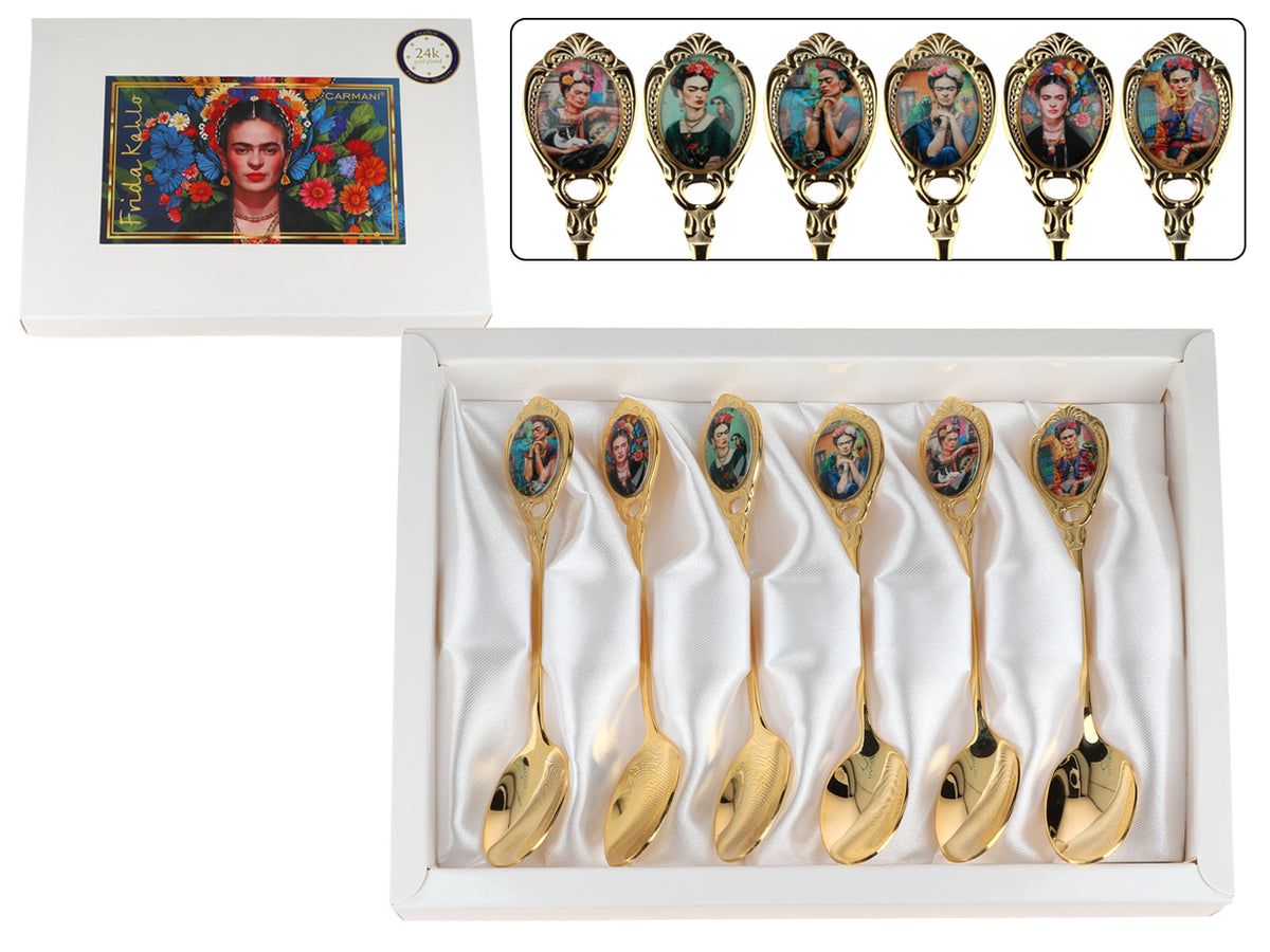 Zestaw 6 łyżeczek powlekanych 24K złotem F. Kahlo z możliwością personalizacji grawerem - eleganckie sztućce na prezent, 13 cm, CARMANI