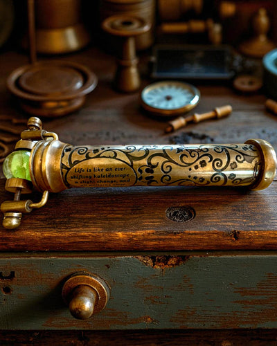 Vintage „Emerald Dreams” kaleidoszkóp, 15 cm – kézzel készített, személyre szabható gravírozással ajándékba