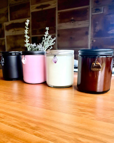 Intenciós szójagyertya Rózsakvarc – szerelem, harmónia és a szív nyugalma, 250 ml, személyre szabható ajándéknak