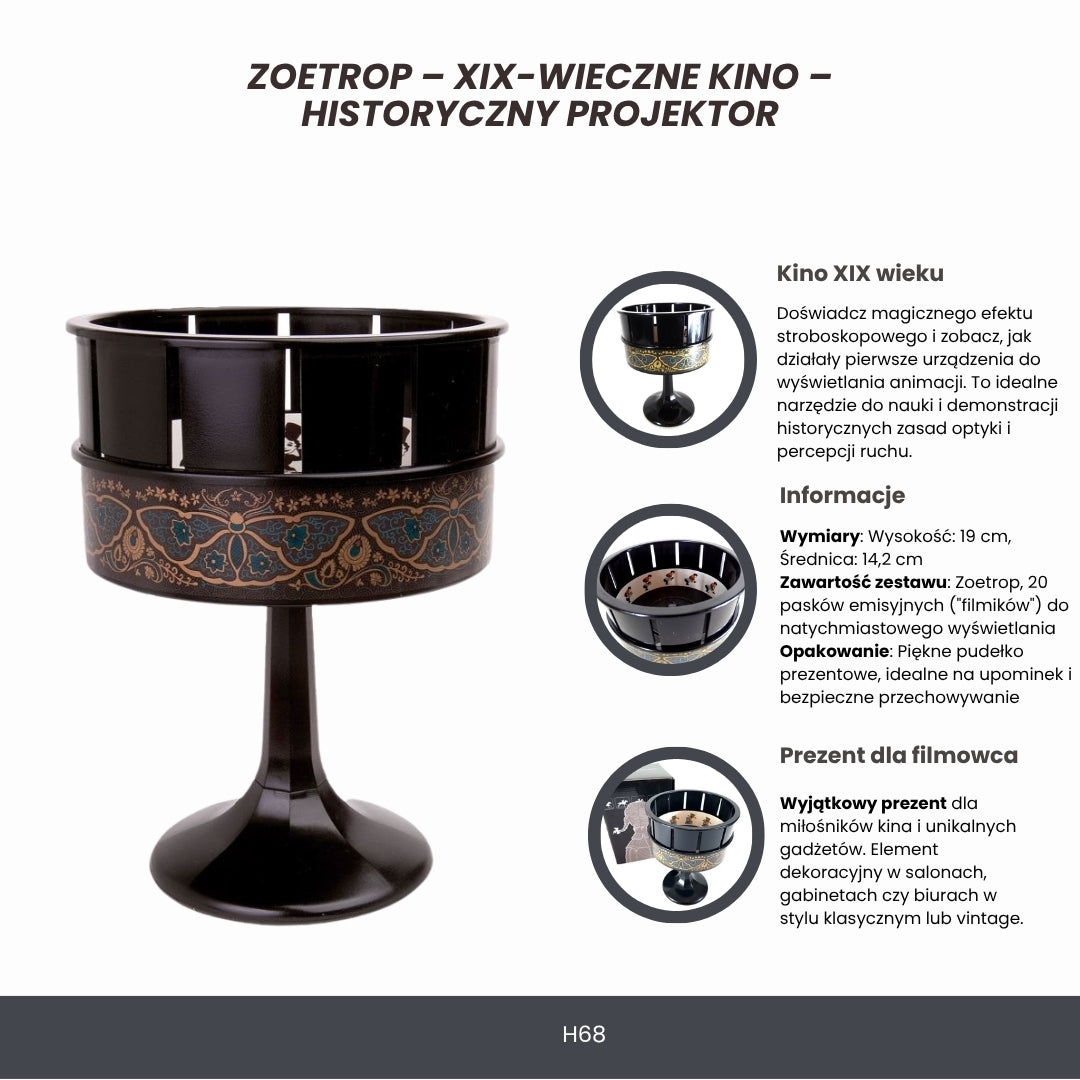 Zoetrop H68 – XIX-wieczny projektor filmowy z możliwością personalizacji grawerem, idealny na prezent – wysokość 19 cm, klasyczny design do dekoracji wnętrz
