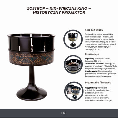 Zoetrop H68 – XIX-wieczny projektor filmowy z możliwością personalizacji grawerem, idealny na prezent – wysokość 19 cm, klasyczny design do dekoracji wnętrz