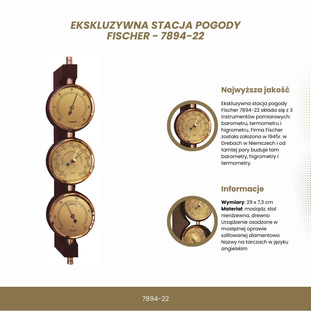 Ekskluzywna Stacja Pogody Fischer 7894-22 z Mosiądzu i Mahoniu z Personalizowanym Grawerem - Barometr, Termometr i Higrometr na Prezent w Stylu Klasycznym, Wymiary 29x7,3 cm