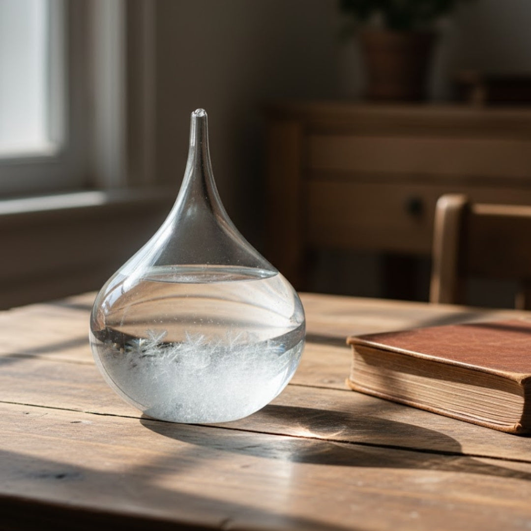 Fitzroy-viharbarométer – csepp alakú Storm Glass gravírozással történő személyre szabási lehetőséggel – elegáns csepp alakú ajándék, magasság 11 cm, üvegedény egyedi, időjárás-változásokra reagáló kristályokkal