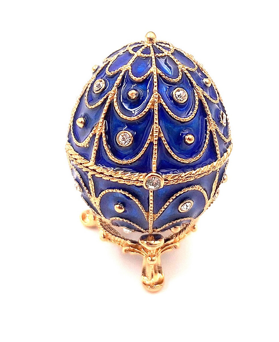 Exkluzív fém ékszerdoboz kristályokkal, Fabergé-tojás formában, sötétkék-arany, 5,5x6,5cm, gravírozással személyre szabható