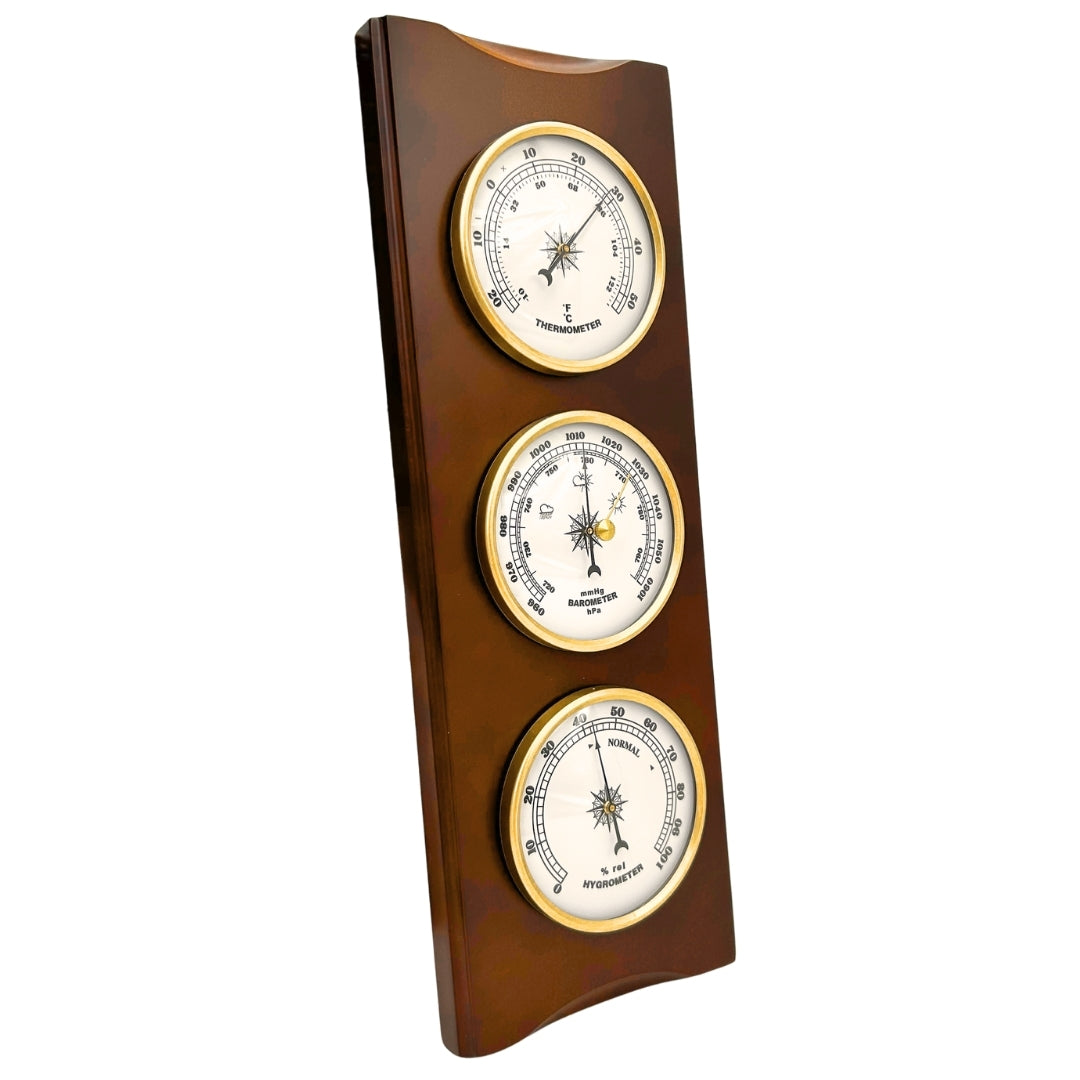 Elegáns retro időjárás-állomás 36cm gravírozással – barométer, hőmérő, higrométer fa burkolatban