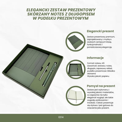 Elegancki Zestaw Prezentowy z Personalizowanym Grawerem - Skórzany Notes A5 w Oliwkowej Zieleni z Długopisem i Zapasowym Wkładem w Estetycznym Pudełku Prezentowym