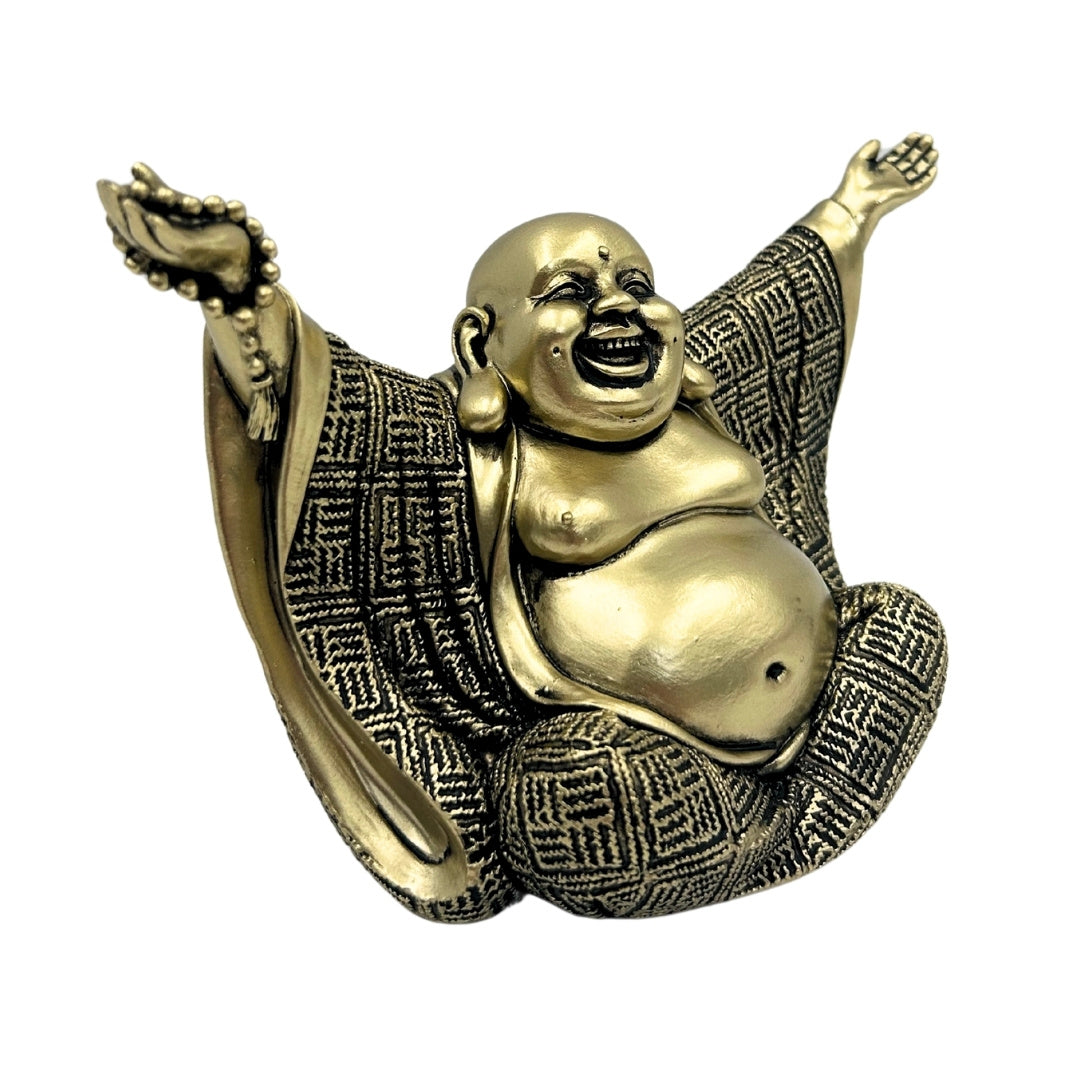 Vidám Buddha figura arany színben, személyre szabott gravírozási lehetőséggel - elegáns ajándék dekoráció 17,1 cm magasságban, polyresinből, a gazdagságot és a szerencsét szimbolizálja