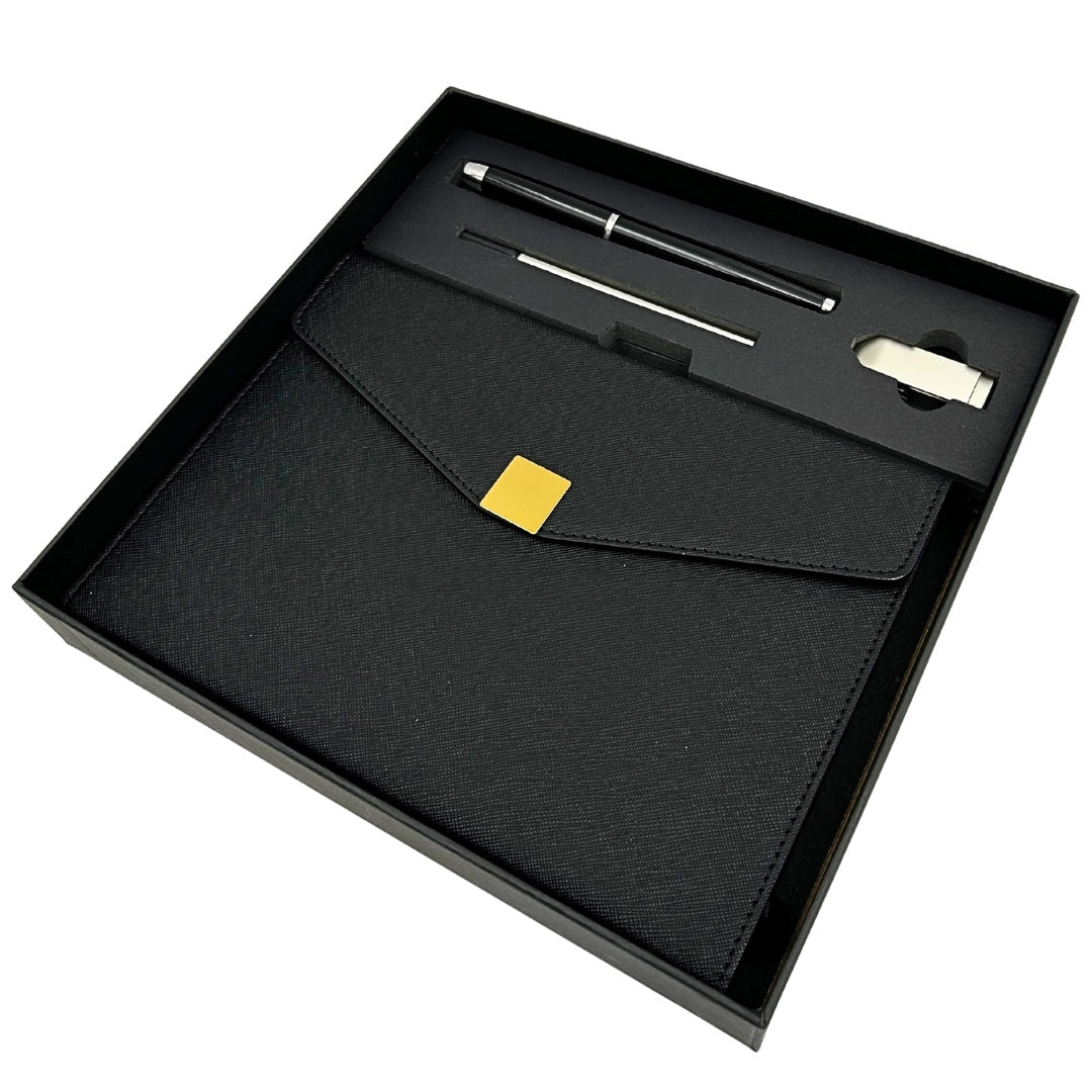 Elegancki Zestaw Prezentowy Premium z Personalizacją – Notes A5 Skórzany, Długopis i Pendrive 16GB w Czarno-Złotym Pudełku