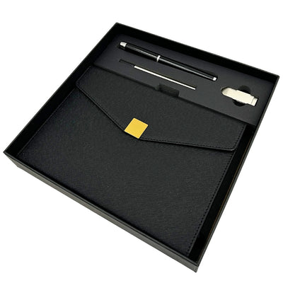 Elegancki Zestaw Prezentowy Premium z Personalizacją – Notes A5 Skórzany, Długopis i Pendrive 16GB w Czarno-Złotym Pudełku
