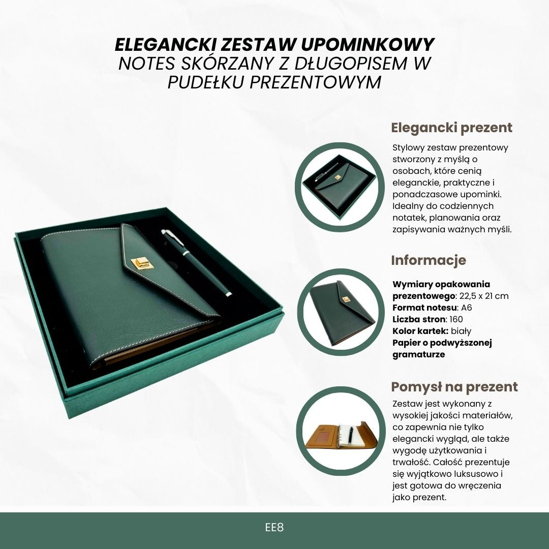Elegancki Zestaw Upominkowy z Personalizowanym Grawerem - Skórzany Notes A6 z Wysokiej Jakości Długopisem w Luksusowym Pudełku Prezentowym