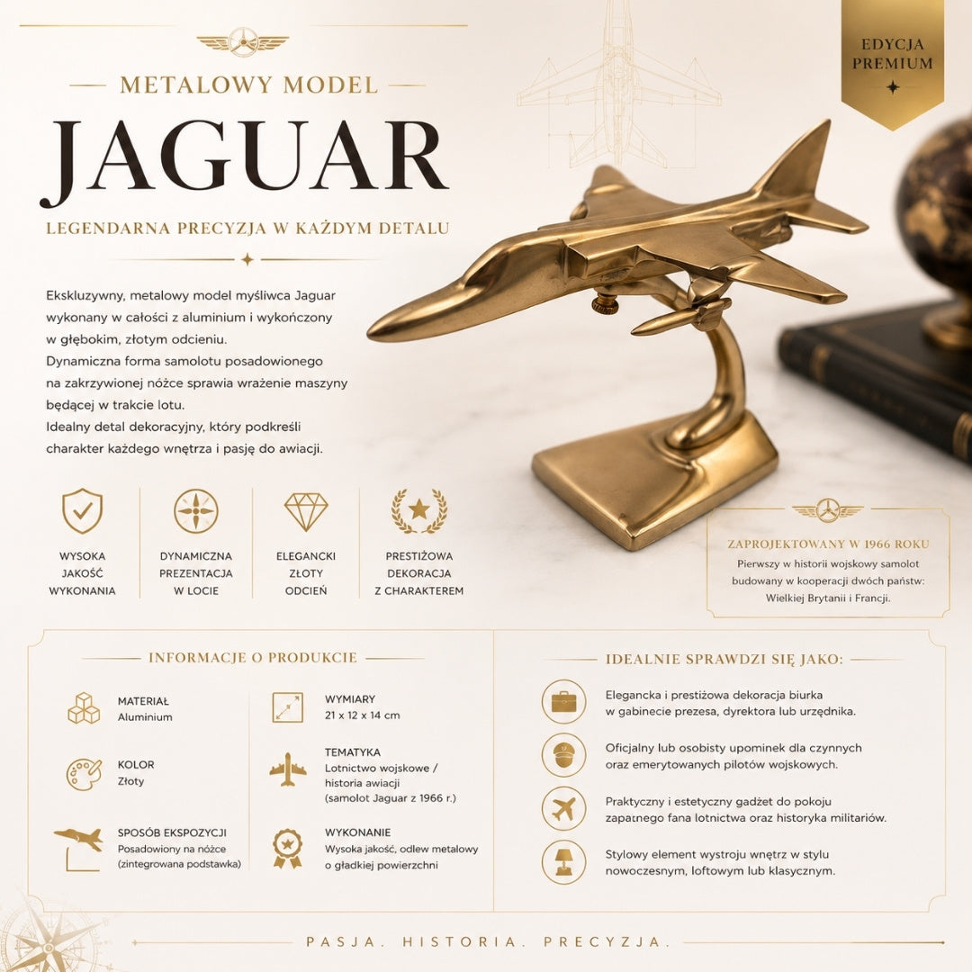 Metalowy Model Myśliwca Jaguar w Złotym Kolorze z Możliwością Grawerunku