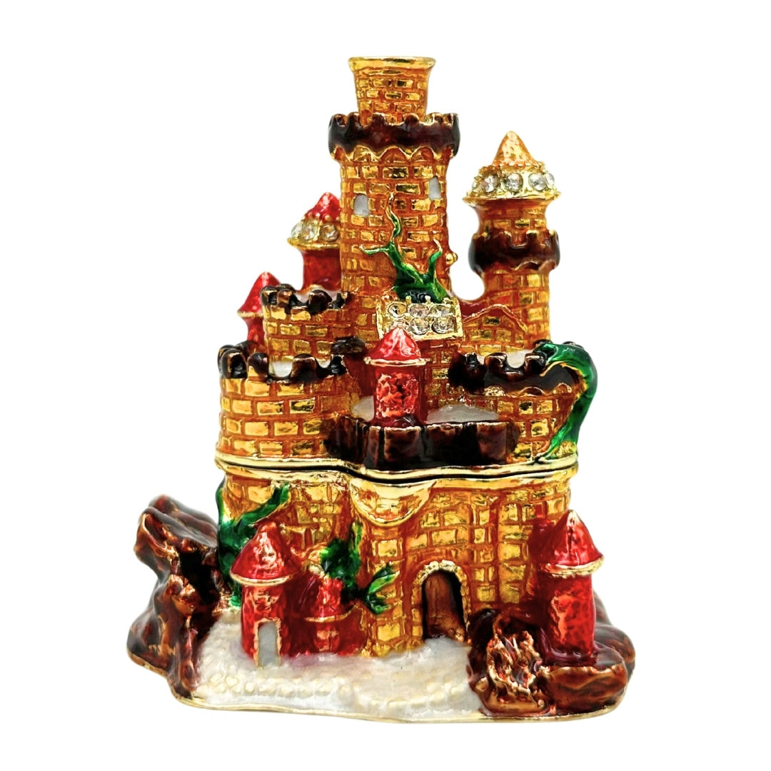 Kastély alakú, kristályokkal díszített ékszerdoboz, személyre szabható gravírozással