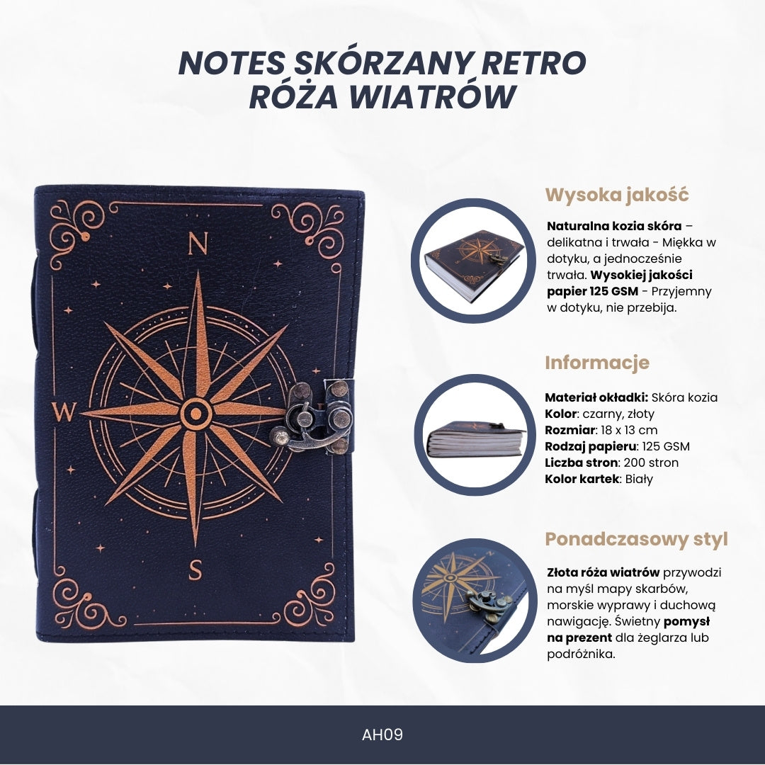 Retro bőr notesz szélrózsával, fekete-arany, személyre szabott gravírozással