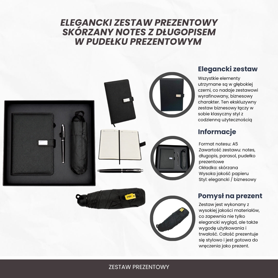 Elegancki Zestaw Upominkowy z Personalizacją - Skórzany Notes A5, Długopis i Czarna Parasol w Pudełku Prezentowym
