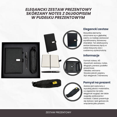 Elegancki Zestaw Upominkowy z Personalizacją - Skórzany Notes A5, Długopis i Czarna Parasol w Pudełku Prezentowym