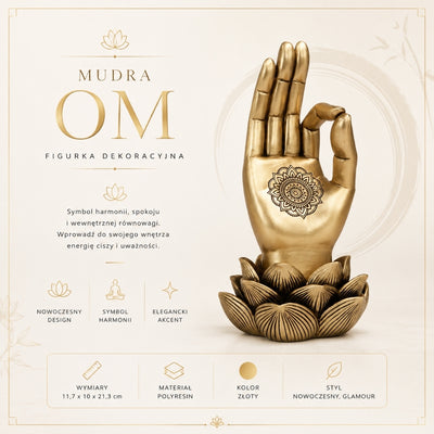Arany Buddha-kéz Mudra OM szobrocska gravírozással - elegáns ajándék dekoráció - lótuszvirág, 21cm, polirezin, glamour stílus