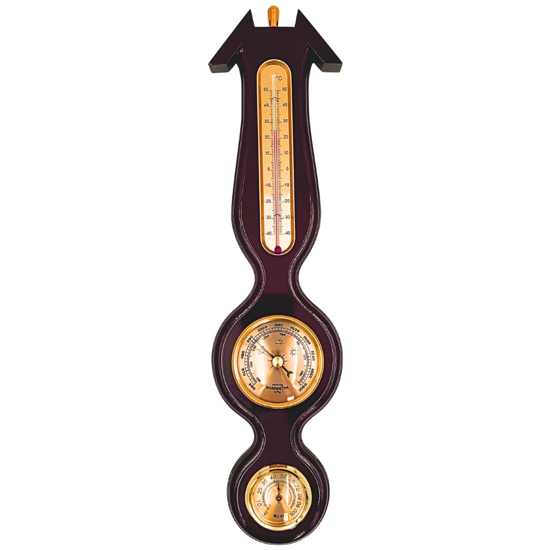 Elegáns 3 az 1-ben időjárás-állomás gravírozással – hőmérő, barométer, higrométer sötét fában, 40cm