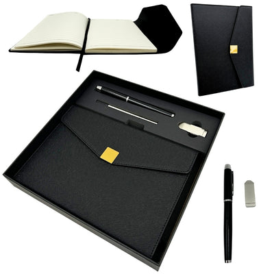 Elegancki Zestaw Prezentowy Premium z Personalizacją – Notes A5 Skórzany, Długopis i Pendrive 16GB w Czarno-Złotym Pudełku