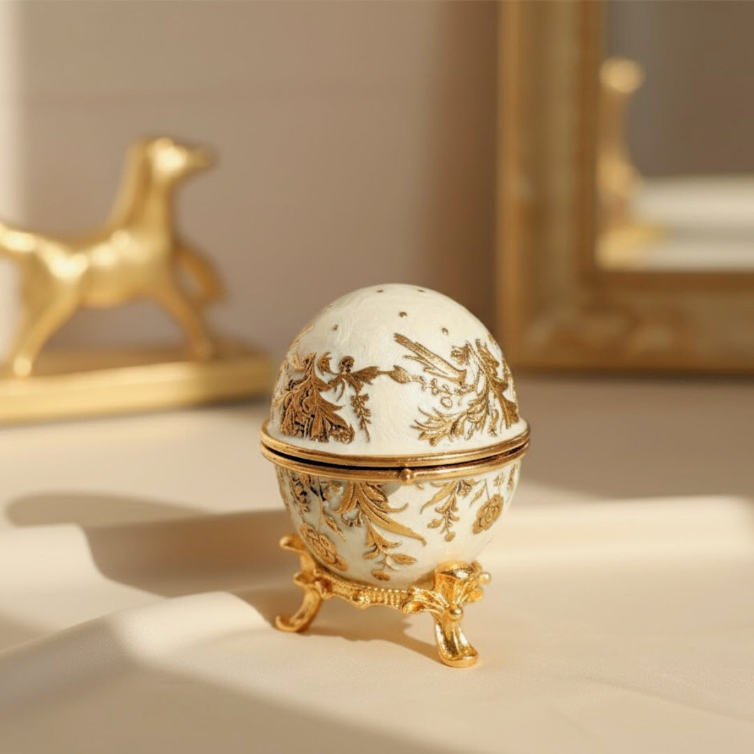 Exkluzív fém Fabergé-tojás ékszerdoboz kristályokkal, fehér-arany színben, gravírozással történő személyre szabási lehetőséggel