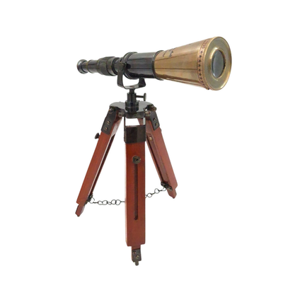 Sárgaréz távcső háromlábon, gravírozással személyre szabható - elegáns dekorációs elem ajándéknak, állítható magasság 30 cm-ig