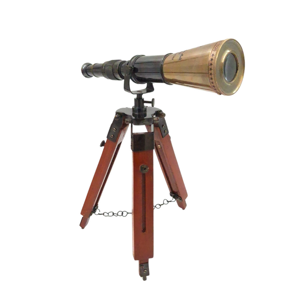 Sárgaréz távcső háromlábon, gravírozással személyre szabható - elegáns dekorációs elem ajándéknak, állítható magasság 30 cm-ig