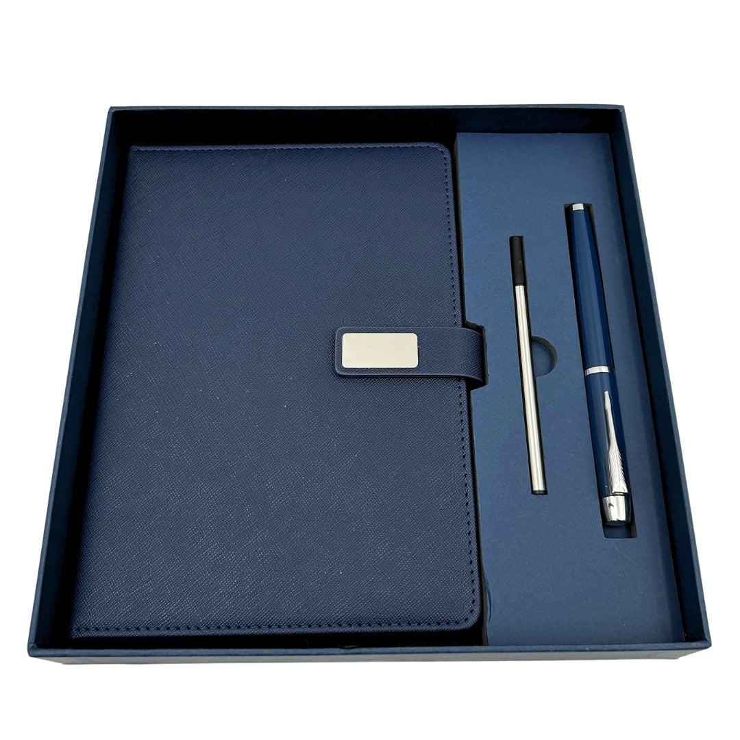 Elegancki Granatowy Skórzany Notes A5 z Długopisem i Personalizowanym Grawerem w Pudełku Prezentowym