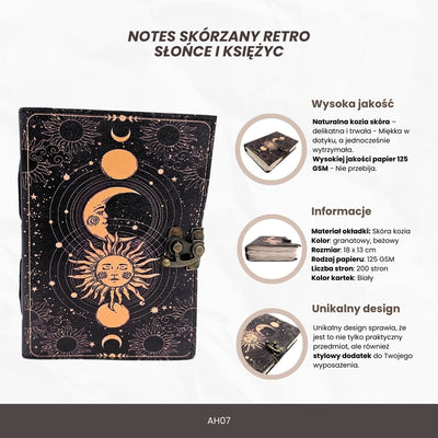 Díszes bőr notesz Nap és Hold motívummal, 200 oldal, gravírozással történő személyre szabás lehetőségével, sötétkék, kecskebőrből készült, ideális ajándék