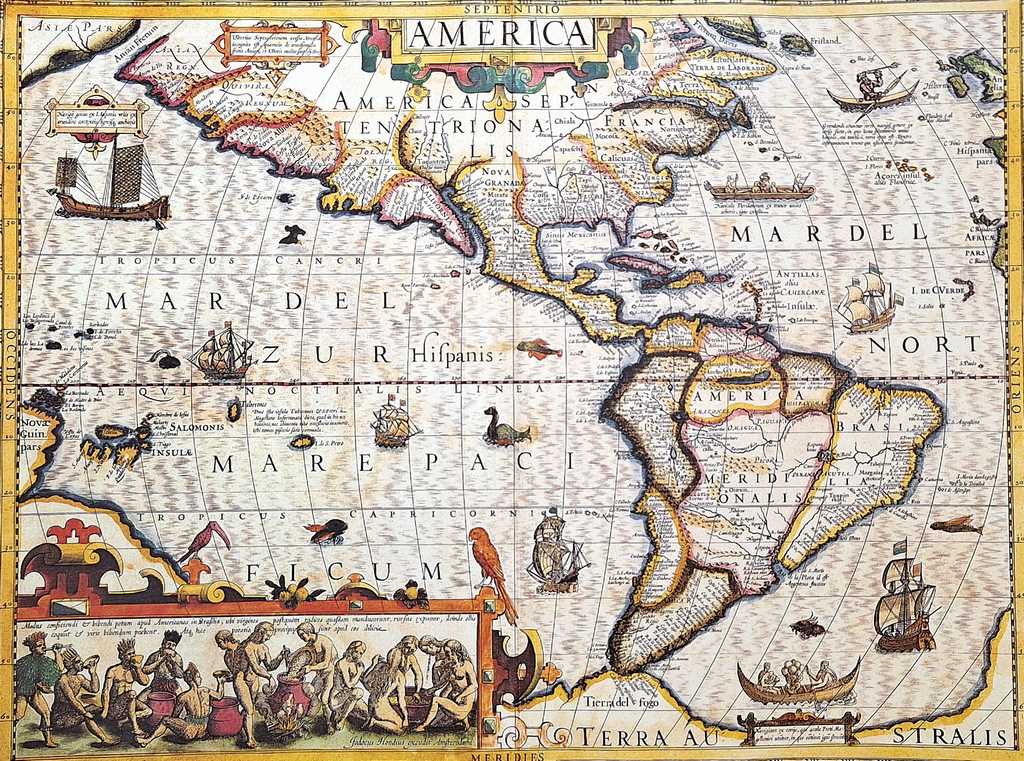 Amerika térképe, 1628. - J. Hondius reprint, személyre szabható gravírozással - ideális ajándék utazóknak és a történelem kedvelőinek - méretek: 37,5 x 50 cm
