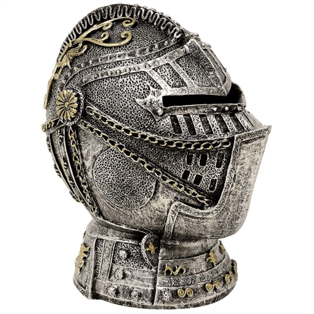 Dekoratív lovagi sisak persely gravírozással - antikolt ezüst, 13 cm