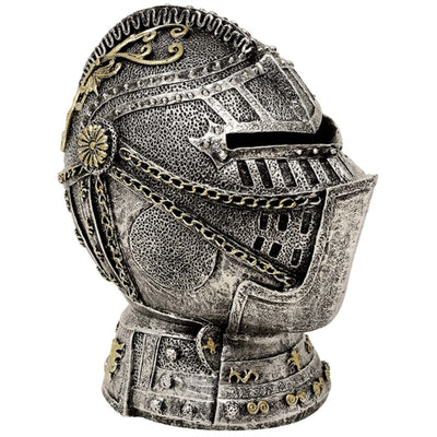 Dekoratív lovagi sisak persely gravírozással - antikolt ezüst, 13 cm